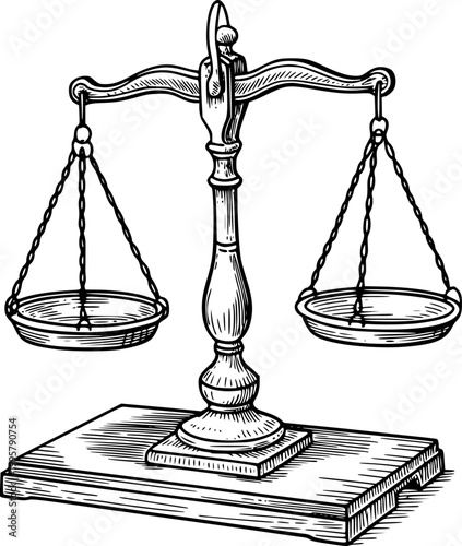 Vintage engraved scales of justice, symbolizing law, balance, and fairness
