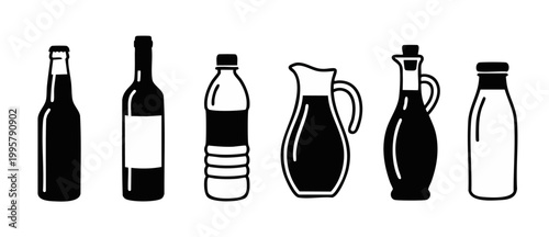 Beverage Bottle and Pitcher Icons, Set of Drink Containers Vector Illustration. Minimalist black silhouettes of glass bottles, plastic water bottles, and liquid pitchers for menu, website, or bar grap
