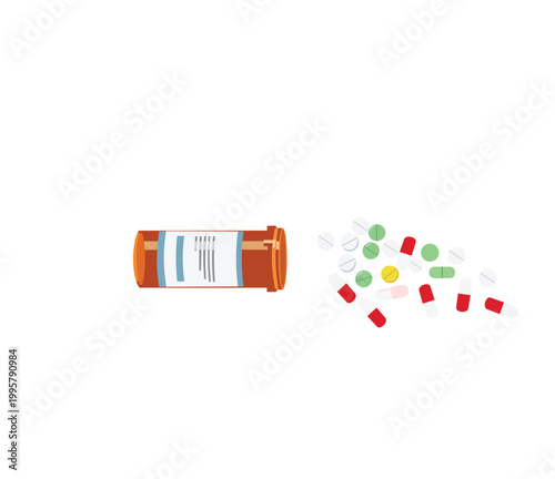 An orange prescription pill bottle lying on its side with various colorful pills and capsules spilled out
