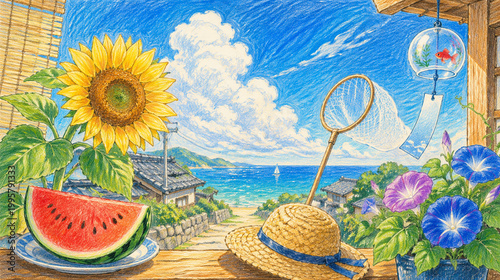 Japanese Summer Nostalgic Scene Illustration, Colored Pencil Drawing of Sunflower Watermelon Wind Chime and Sea View, Showa Retro Concept