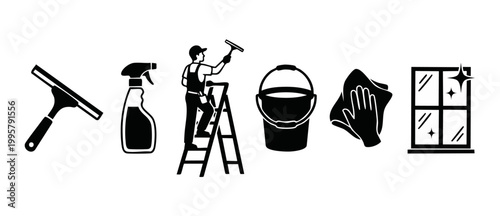 Window Cleaning Service Icons Set, Professional Equipment and Worker Silhouette, Tools for Glass Maintenance and Housekeeping, Flat Black Vector Graphic Design Elements for Commercial Janitorial Busin