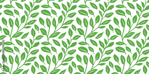 Seamless Green Leaf Branch Pattern on White Background