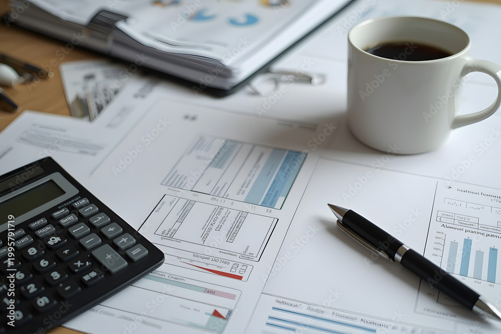 Obraz premium Office Desk Setup with Calculator, Professional Documents and Coffee Cup