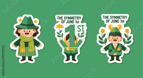 Cute Cartoon Characters Celebrating June 1st with Festive Decorations.