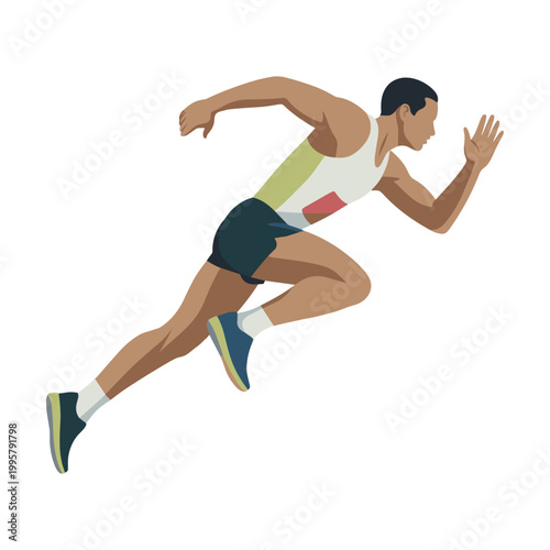 Runner in athletic gear sprints forward with high intensity and focus, illustrating speed and endurance in this digital graphic design suitable for fitness programs and health-related visual media.