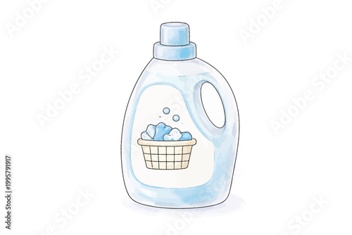 Blue laundry detergent bottle with basket illustration