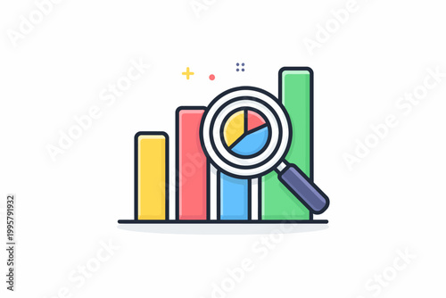 Colorful bar graph with magnifying glass and pie chart elements
