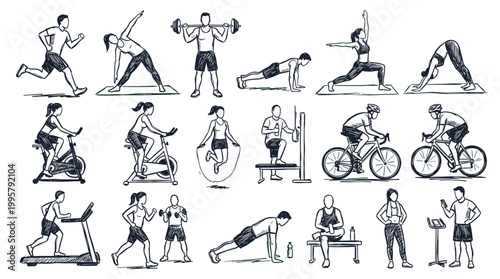 A collection of hand-drawn illustrations depicting various individuals engaged in different forms of exercise and fitness activities, showcasing a range of physical training.