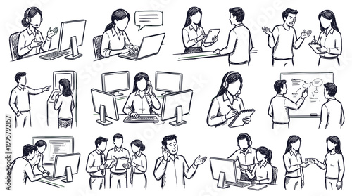 A collection of hand-drawn sketches depicting various business and office scenarios, including meetings, presentations, and individual work at computers.