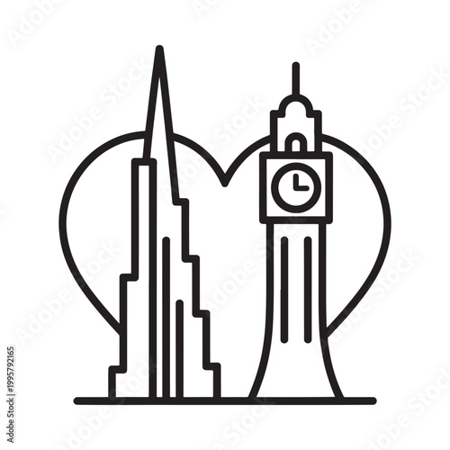 A minimalist black and white line drawing depicting iconic landmarks of london including big ben and the shard