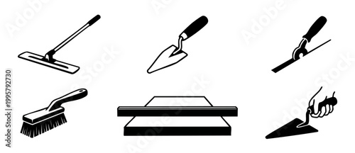 Construction Masonry Tools Set Icon Collection for Tiling and Plastering Work Featuring Trowels Floats and Brushes for Professional Building Renovation Projects Isolated on White Background Graphic Il