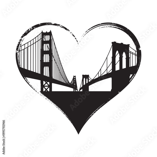 A black and white illustration combines the golden gate and brooklyn bridges within a heart shape