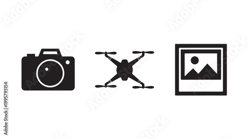 Photography, drone, and image gallery icons for app ui and digital media, minimalist vector symbols