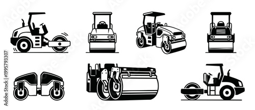 Road Roller Construction Vehicle Set, Industrial Steamroller Heavy Machinery Icons for Construction Site Engineering, Vector Illustration of Compactor Equipment in Different Angles and Perspectives