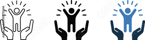 Hands Holding Person Vector Illustration, Uplifting Design with Radiating Light Lines Representing Care, Support, Protection, Personal Growth, Well Being, and Achievement Concepts