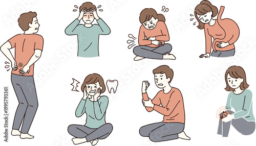 Person Experiencing Different Types of Pain, Health Issues Illustration Set