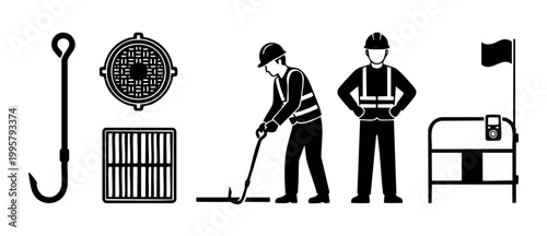 Manhole Cover Repair Construction Icon Set with Worker Using Hook Tool, Road Maintenance Crew, Sewer System Infrastructure and Safety Barrier Elements for Utility Industry Projects and Graphic Design