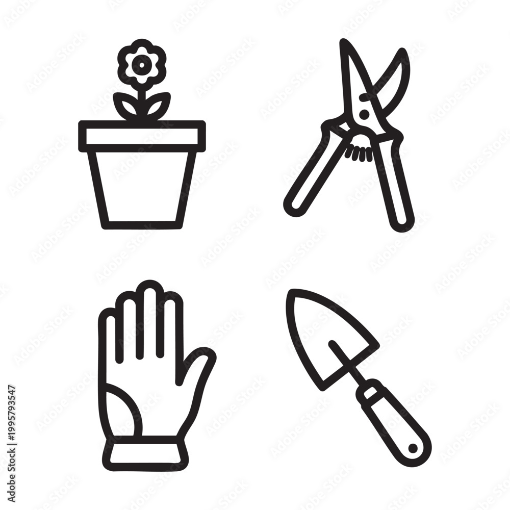 Fototapeta premium Gardening Tool Bold Line Art set with Pot Shears Glove Trowel