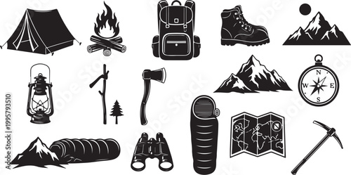 Camping and hiking icons and travel symbols set