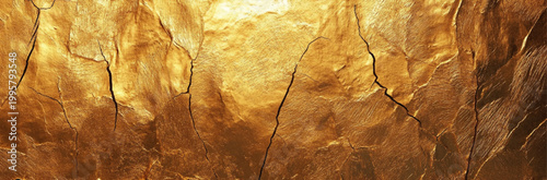 Close-up of Distressed Gold Foil for Artistic Wall Art. Textured Gold Wall with Natural Cracks