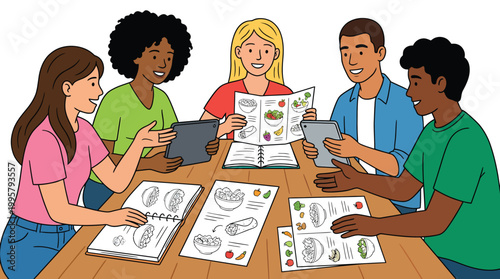 Group of six diverse professionals discussing documents at a table.