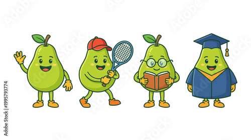 Set of adorable cartoon pear characters depicting diverse activities like waving, playing tennis, studying, and graduating, showcasing various roles and playful expressions