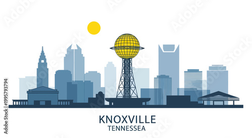 Knoxville Tennessee Skyline Cityscape with Sun and Sunsphere