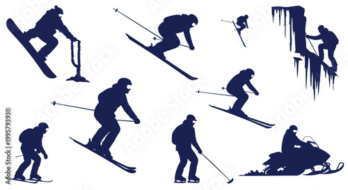 Winter Sports Silhouettes: Skiing, Snowboarding, Snowmobiling, Ice Climbing