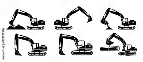 Excavator silhouette icon set, construction machinery digging and lifting heavy pipes for industrial site work. Collection of flat vector illustrations for building, earthmoving, and heavy equipment t