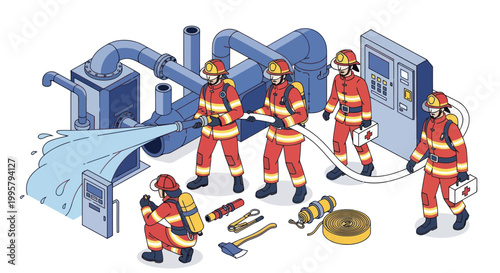 Firefighters team fighting industrial fire with hose and equipment