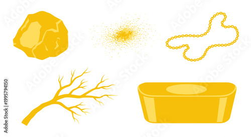 Gold nuggets, dust, chain, branch, and bar illustration on white background