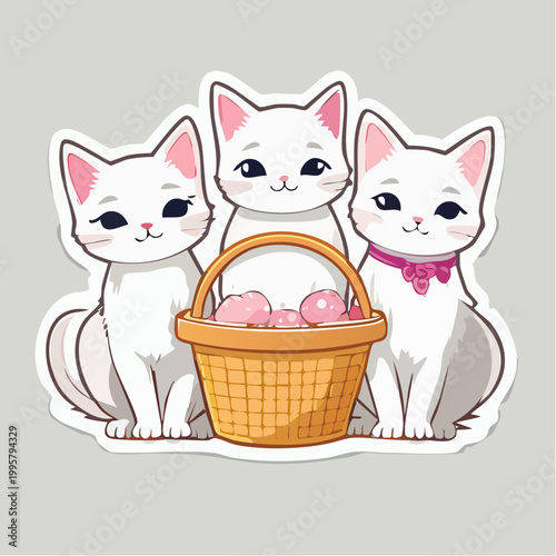 Three Cute White Kittens with Easter Basket