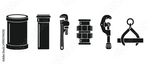 Plumbing tools and pipe icons set for construction and repair work, vector illustration of industrial pipework equipment, wrenches and fittings collection for professional plumber renovation maintenan