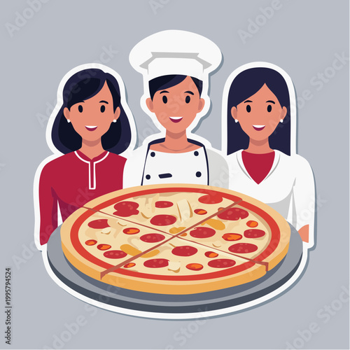 Chef and two women with a pizza