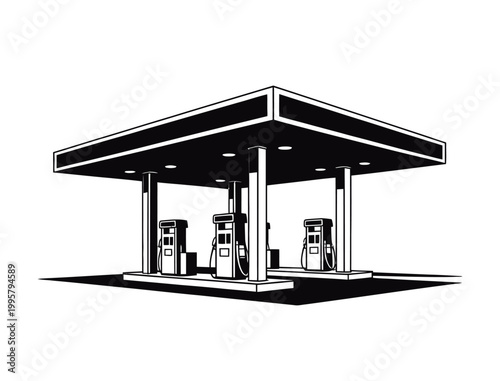 Gas station illustration with pumps under canopy