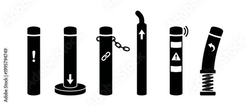 Traffic Bollards Set Icons Black and White Vector Collection for Parking Control and Security Barriers, Featuring Retractable Posts, Spring Loaded Bollards, and Safety Signage Elements for Road Access