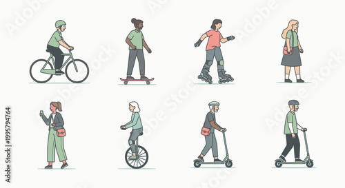 Vector illustration of eight people commuting on various vehicles including bicycles, skateboards, unicycles, and scooters in a modern graphic style with a clean white background.