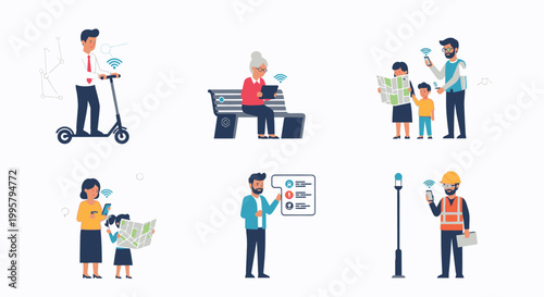 Flat design illustrations of people engaging in daily activities in a modern urban setting with a colorful and minimalist aesthetic.