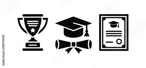 Graduation icon set including award trophy and diploma illustration