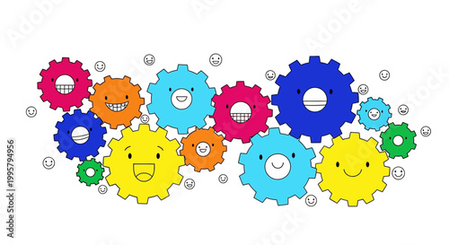 Colorful gears with smiley faces rotate together in harmony