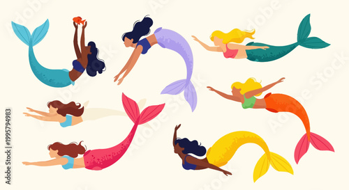 Eight diverse mermaids swim in various poses in the ocean water