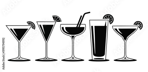 Cocktail glasses vector illustration with black drinks and lime slices