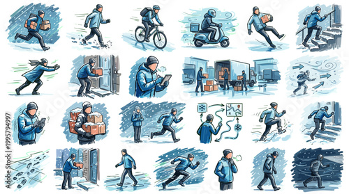 Collection of illustrations depicting delivery personnel working in various challenging winter conditions, including snow, ice, and wind, while carrying packages.