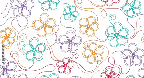 Colorful flowers bloom in a vibrant floral pattern on white background