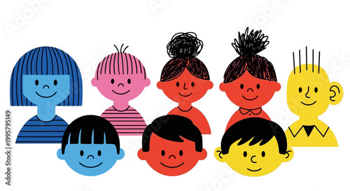 A group of diverse cartoon children with different hair colors and styles smiling