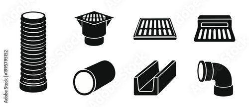 Drainage system pipe icon set, water sewer plumbing parts and storm drain grates, collection of civil engineering infrastructure components and industrial waste disposal design elements for constructi