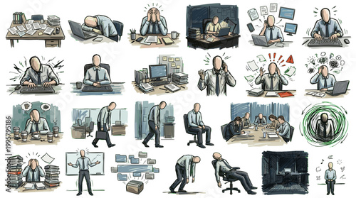 A collection of illustrations depicting various stressful situations and emotions experienced by office workers in a corporate environment.