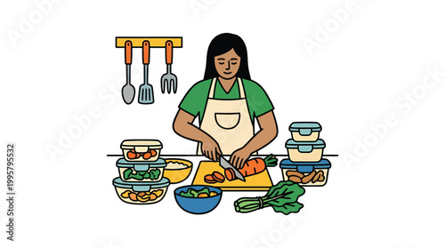 Female Cook Preparing Vegetables In Kitchen Illustration.