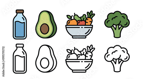 Assorted vegetables and bottles illustration main subject.