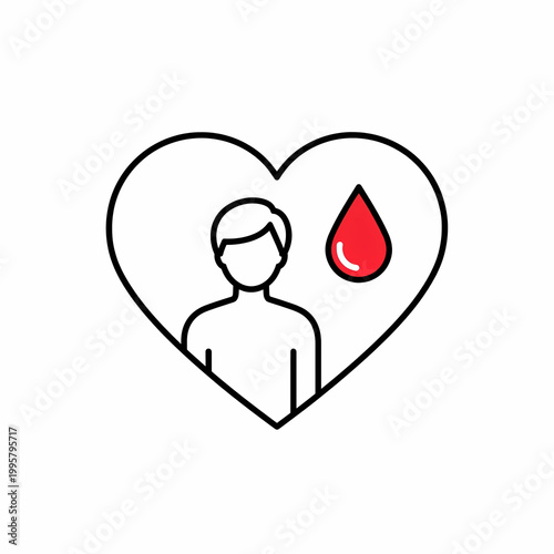 Person icon with blood drop in heart outline on white background